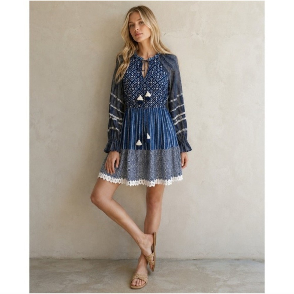 Hemant and Nandita Anthropologie Mini Dress Long Sleeve Tassel Lace L